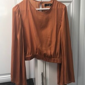 Mustard silky bell sleeve cropped blouse